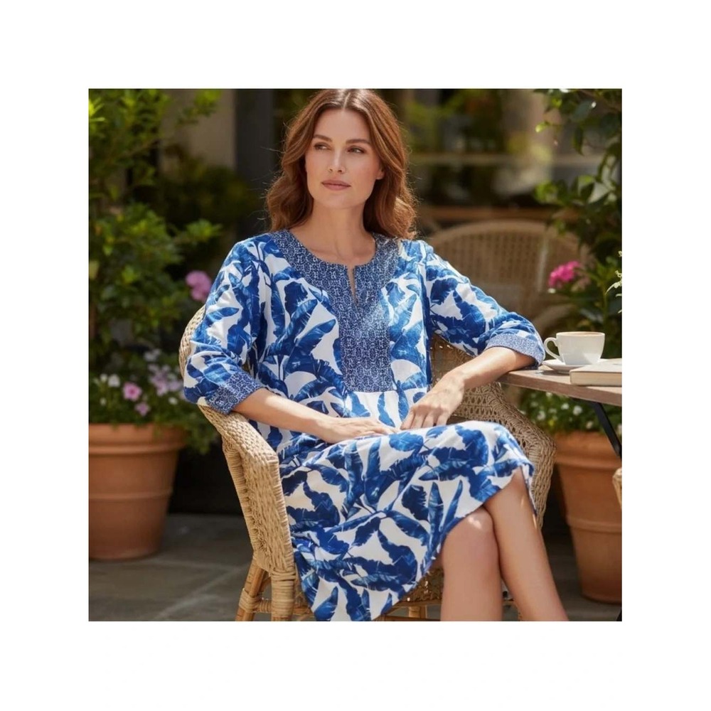 Cabana Life Tunic Dress Blue Palm Leaf Print Split Neck Stretchy 3/4 Sleeves Med
